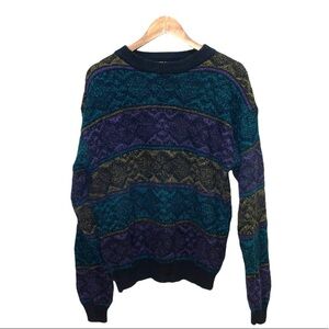 Vintage Grandpa Sweater Crew Pullover Blue Green Yellow Granny Casual Size Large